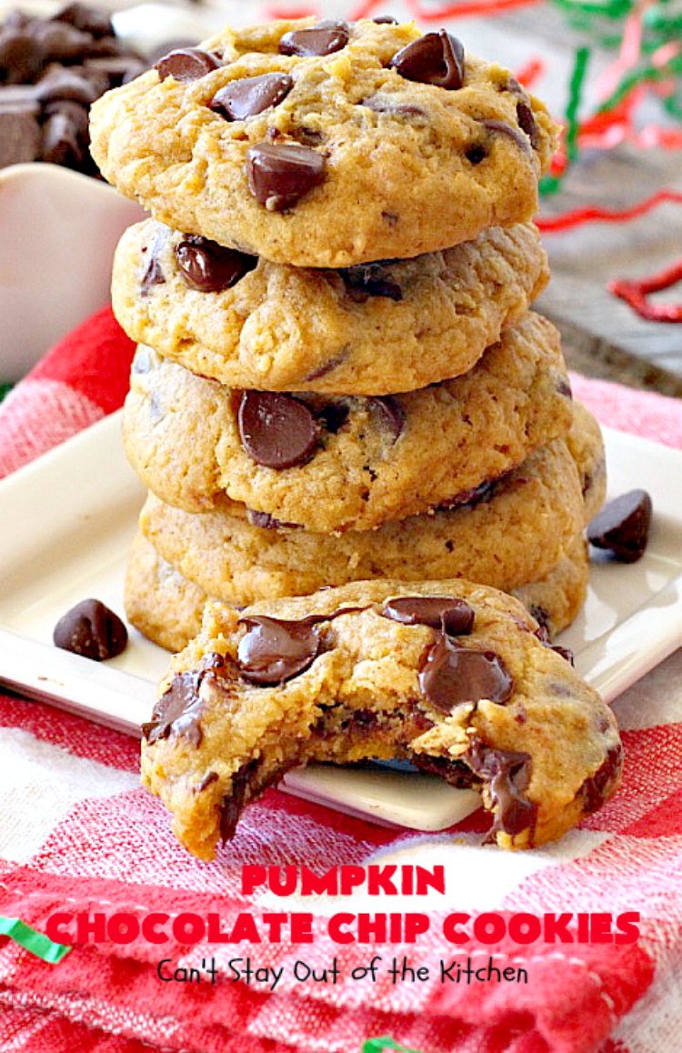 Pumpkin Chocolate Chip Cookies | Can't Stay Out of the Kitchen | these #pumpkin #cookies are utterly delightful. They're filled with #chocolate chips & delicately seasoned with #cinnamon & pumpkin pie spice. Terrific for #holiday baking. #dessert