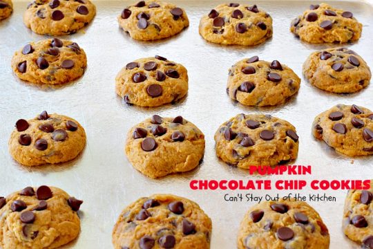 Pumpkin Chocolate Chip Cookies | Can't Stay Out of the Kitchen | these #pumpkin #cookies are utterly delightful. They're filled with #chocolate chips & delicately seasoned with #cinnamon & pumpkin pie spice. Terrific for #holiday baking. #dessert