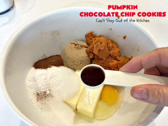 Pumpkin Chocolate Chip Cookies | Can't Stay Out of the Kitchen | these #pumpkin #cookies are utterly delightful. They're filled with #chocolate chips & delicately seasoned with #cinnamon & pumpkin pie spice. Terrific for #holiday baking. #dessert