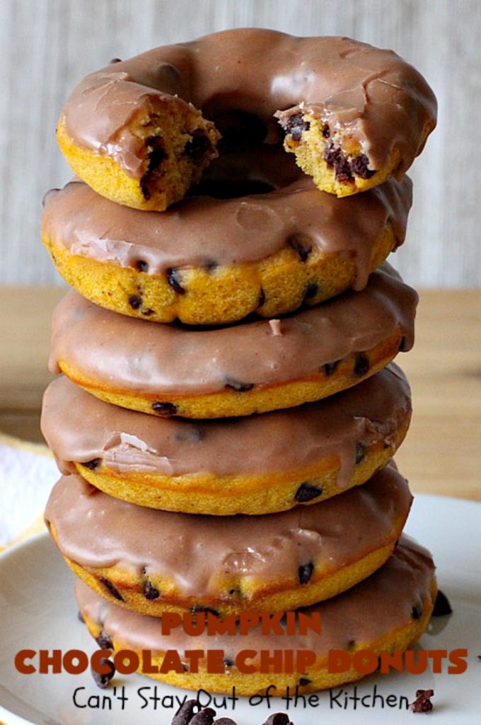 Pumpkin Chocolate Chip Donuts | Can't Stay Out of the Kitchen | these phenomenal #donuts are so mouthwatering. They have double the #chocolate & double the #pumpkin flavor. You'll be drooling over every mouthful. Highly recommended for #MothersDay or #FathersDay #Breakfast. #Holiday #HolidayBreakfast #PumpkinDonuts #ChocolateChipDonuts #fall #FallBaking #PumpkinChocolateChipDonuts #ChocolateChips