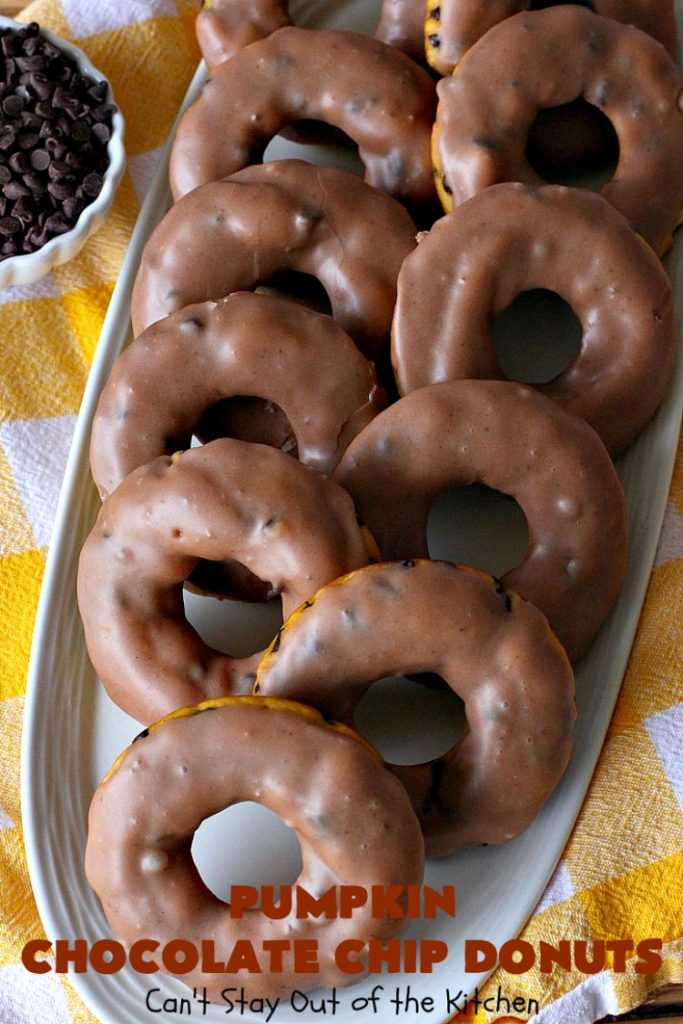 Pumpkin Chocolate Chip Donuts | Can't Stay Out of the Kitchen | these phenomenal #donuts are so mouthwatering. They have double the #chocolate & double the #pumpkin flavor. You'll be drooling over every mouthful. Highly recommended for #MothersDay or #FathersDay #Breakfast. #Holiday #HolidayBreakfast #PumpkinDonuts #ChocolateChipDonuts #fall #FallBaking #PumpkinChocolateChipDonuts #ChocolateChips