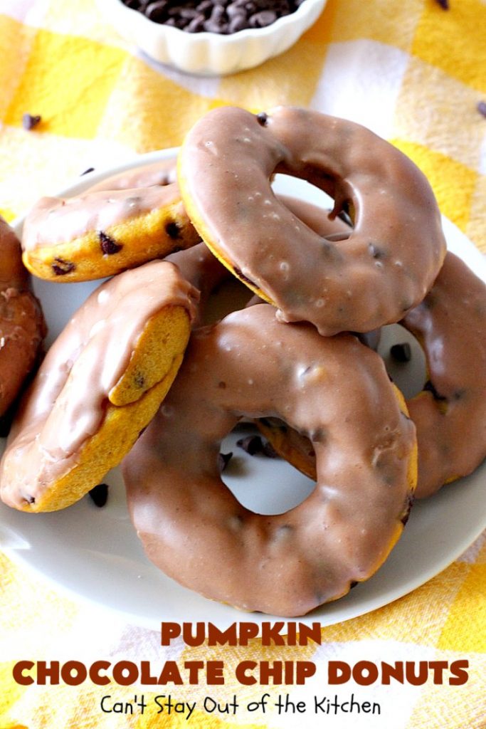 Pumpkin Chocolate Chip Donuts | Can't Stay Out of the Kitchen | these phenomenal #donuts are so mouthwatering. They have double the #chocolate & double the #pumpkin flavor. You'll be drooling over every mouthful. Highly recommended for #MothersDay or #FathersDay #Breakfast. #Holiday #HolidayBreakfast #PumpkinDonuts #ChocolateChipDonuts #fall #FallBaking #PumpkinChocolateChipDonuts #ChocolateChips