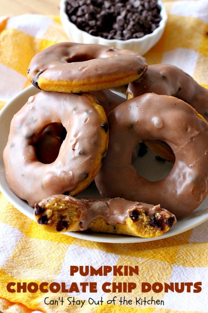 Pumpkin Chocolate Chip Donuts | Can't Stay Out of the Kitchen | these phenomenal #donuts are so mouthwatering. They have double the #chocolate & double the #pumpkin flavor. You'll be drooling over every mouthful. Highly recommended for #MothersDay or #FathersDay #Breakfast. #Holiday #HolidayBreakfast #PumpkinDonuts #ChocolateChipDonuts #fall #FallBaking #PumpkinChocolateChipDonuts #ChocolateChips