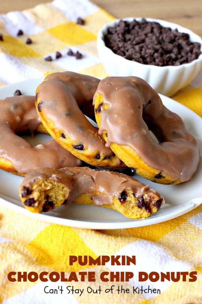 Pumpkin Chocolate Chip Donuts | Can't Stay Out of the Kitchen | these phenomenal #donuts are so mouthwatering. They have double the #chocolate & double the #pumpkin flavor. You'll be drooling over every mouthful. Highly recommended for #MothersDay or #FathersDay #Breakfast. #Holiday #HolidayBreakfast #PumpkinDonuts #ChocolateChipDonuts #fall #FallBaking #PumpkinChocolateChipDonuts #ChocolateChips