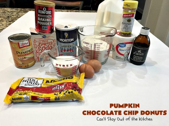 Pumpkin Chocolate Chip Donuts | Can't Stay Out of the Kitchen | these phenomenal #donuts are so mouthwatering. They have double the #chocolate & double the #pumpkin flavor. You'll be drooling over every mouthful. Highly recommended for #MothersDay or #FathersDay #Breakfast. #Holiday #HolidayBreakfast #PumpkinDonuts #ChocolateChipDonuts #fall #FallBaking #PumpkinChocolateChipDonuts #ChocolateChips