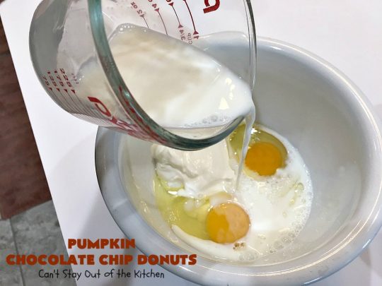 Pumpkin Chocolate Chip Donuts | Can't Stay Out of the Kitchen | these phenomenal #donuts are so mouthwatering. They have double the #chocolate & double the #pumpkin flavor. You'll be drooling over every mouthful. Highly recommended for #MothersDay or #FathersDay #Breakfast. #Holiday #HolidayBreakfast #PumpkinDonuts #ChocolateChipDonuts #fall #FallBaking #PumpkinChocolateChipDonuts #ChocolateChips