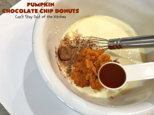 Pumpkin Chocolate Chip Donuts | Can't Stay Out of the Kitchen | these phenomenal #donuts are so mouthwatering. They have double the #chocolate & double the #pumpkin flavor. You'll be drooling over every mouthful. Highly recommended for #MothersDay or #FathersDay #Breakfast. #Holiday #HolidayBreakfast #PumpkinDonuts #ChocolateChipDonuts #fall #FallBaking #PumpkinChocolateChipDonuts #ChocolateChips