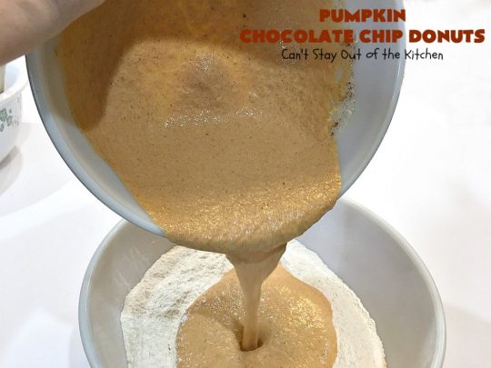 Pumpkin Chocolate Chip Donuts | Can't Stay Out of the Kitchen | these phenomenal #donuts are so mouthwatering. They have double the #chocolate & double the #pumpkin flavor. You'll be drooling over every mouthful. Highly recommended for #MothersDay or #FathersDay #Breakfast. #Holiday #HolidayBreakfast #PumpkinDonuts #ChocolateChipDonuts #fall #FallBaking #PumpkinChocolateChipDonuts #ChocolateChips