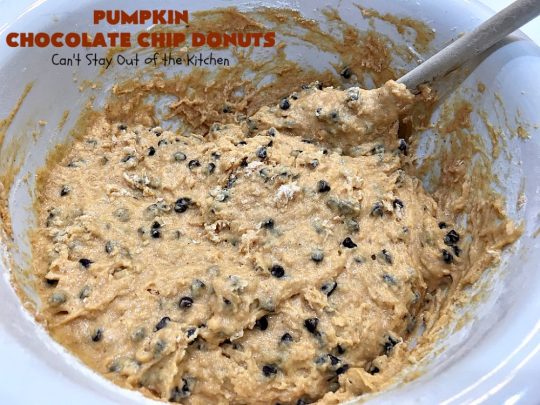 Pumpkin Chocolate Chip Donuts | Can't Stay Out of the Kitchen | these phenomenal #donuts are so mouthwatering. They have double the #chocolate & double the #pumpkin flavor. You'll be drooling over every mouthful. Highly recommended for #MothersDay or #FathersDay #Breakfast. #Holiday #HolidayBreakfast #PumpkinDonuts #ChocolateChipDonuts #fall #FallBaking #PumpkinChocolateChipDonuts #ChocolateChips