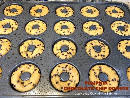 Pumpkin Chocolate Chip Donuts | Can't Stay Out of the Kitchen | these phenomenal #donuts are so mouthwatering. They have double the #chocolate & double the #pumpkin flavor. You'll be drooling over every mouthful. Highly recommended for #MothersDay or #FathersDay #Breakfast. #Holiday #HolidayBreakfast #PumpkinDonuts #ChocolateChipDonuts #fall #FallBaking #PumpkinChocolateChipDonuts #ChocolateChips
