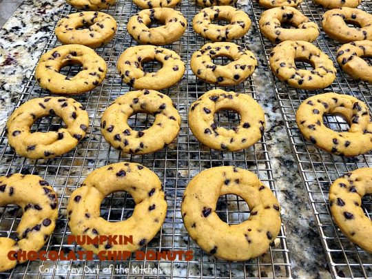 Pumpkin Chocolate Chip Donuts | Can't Stay Out of the Kitchen | these phenomenal #donuts are so mouthwatering. They have double the #chocolate & double the #pumpkin flavor. You'll be drooling over every mouthful. Highly recommended for #MothersDay or #FathersDay #Breakfast. #Holiday #HolidayBreakfast #PumpkinDonuts #ChocolateChipDonuts #fall #FallBaking #PumpkinChocolateChipDonuts #ChocolateChips