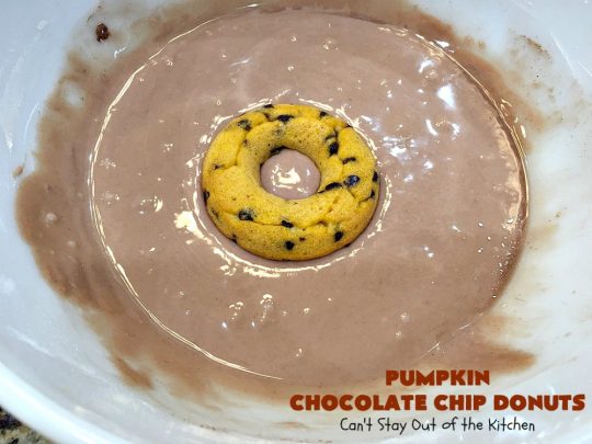 Pumpkin Chocolate Chip Donuts | Can't Stay Out of the Kitchen | these phenomenal #donuts are so mouthwatering. They have double the #chocolate & double the #pumpkin flavor. You'll be drooling over every mouthful. Highly recommended for #MothersDay or #FathersDay #Breakfast. #Holiday #HolidayBreakfast #PumpkinDonuts #ChocolateChipDonuts #fall #FallBaking #PumpkinChocolateChipDonuts #ChocolateChips