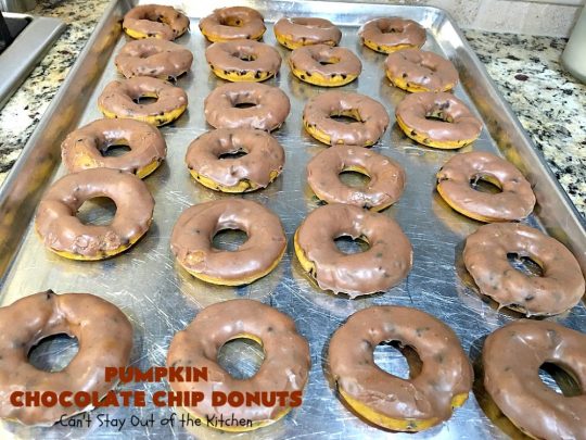 Pumpkin Chocolate Chip Donuts | Can't Stay Out of the Kitchen | these phenomenal #donuts are so mouthwatering. They have double the #chocolate & double the #pumpkin flavor. You'll be drooling over every mouthful. Highly recommended for #MothersDay or #FathersDay #Breakfast. #Holiday #HolidayBreakfast #PumpkinDonuts #ChocolateChipDonuts #fall #FallBaking #PumpkinChocolateChipDonuts #ChocolateChips