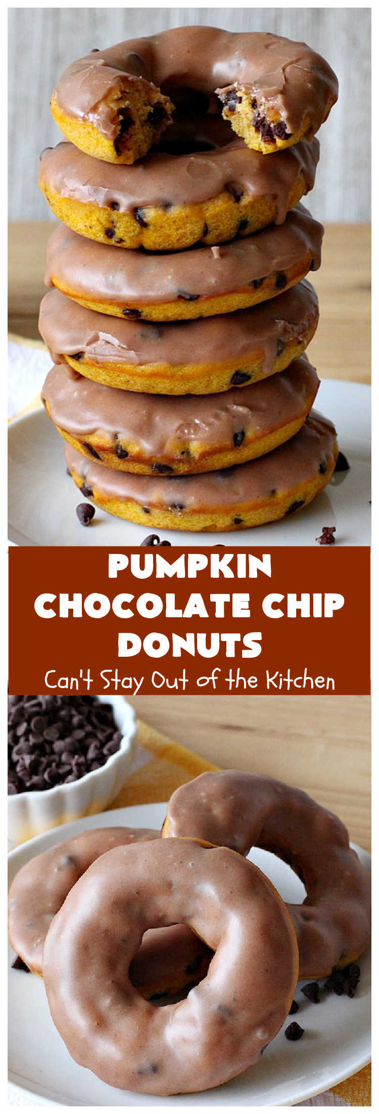 Pumpkin Chocolate Chip Donuts | Can't Stay Out of the Kitchen | these phenomenal #donuts are so mouthwatering. They have double the #chocolate & double the #pumpkin flavor. You'll be drooling over every mouthful. Highly recommended for #Thanksgiving or #Christmas #Breakfast. #Holiday #HolidayBreakfast #PumpkinDonuts #ChocolateChipDonuts #fall #FallBaking #PumpkinChocolateChipDonuts #ChocolateChips