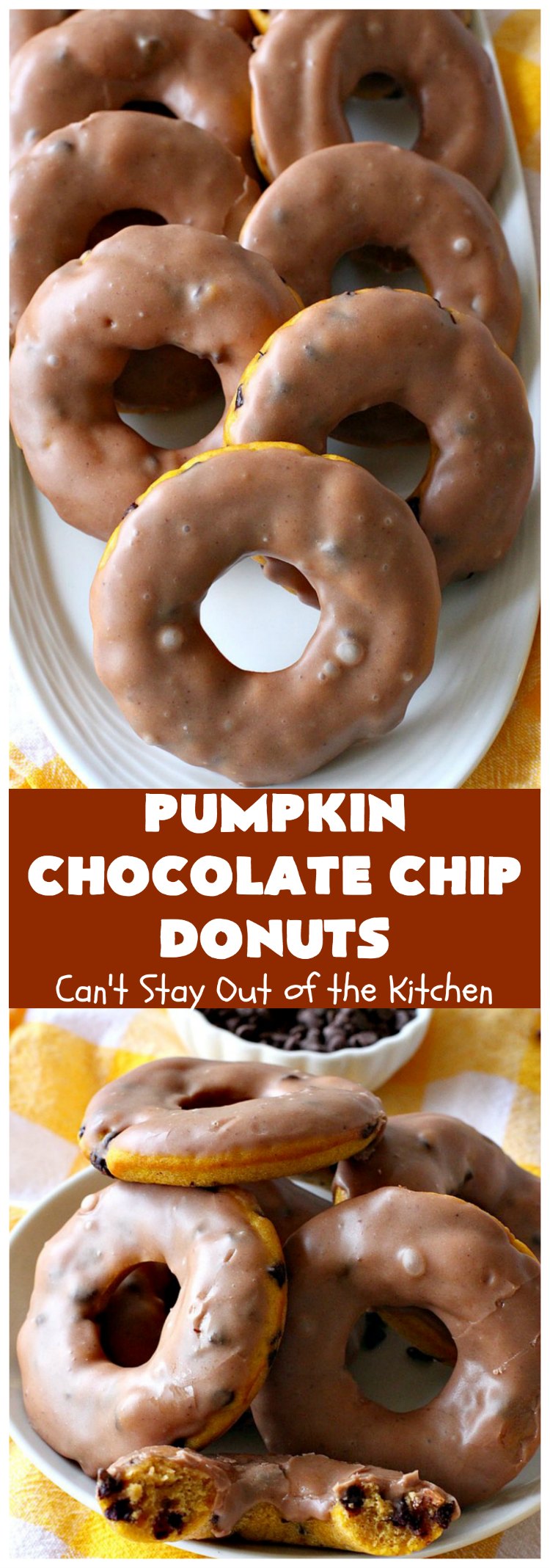 Pumpkin Chocolate Chip Donuts | Can't Stay Out of the Kitchen | these phenomenal #donuts are so mouthwatering. They have double the #chocolate & double the #pumpkin flavor. You'll be drooling over every mouthful. Highly recommended for #MothersDay or #FathersDay #Breakfast. #Holiday #HolidayBreakfast #PumpkinDonuts #ChocolateChipDonuts #fall #FallBaking #PumpkinChocolateChipDonuts #ChocolateChips