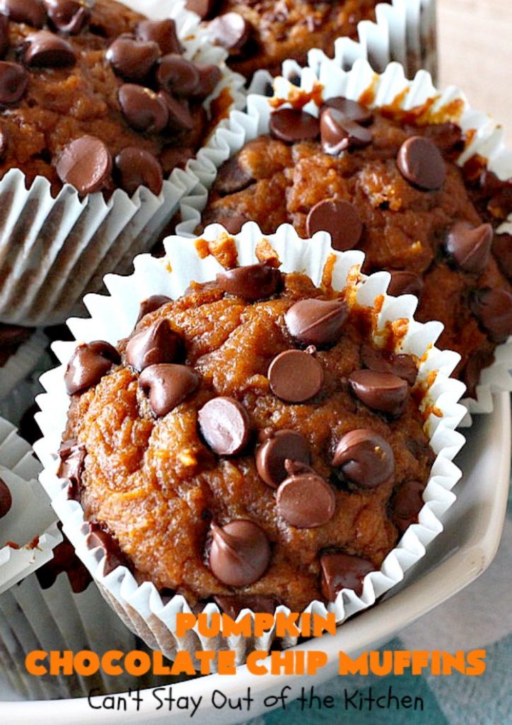 Pumpkin Chocolate Chip Muffins | Can't Stay Out of the Kitchen | these heavenly #pumpkin #muffins will knock your socks off! They're filled with #chocolate chips & delicately seasoned with #cinnamon, cloves & nutmeg. They're perfect for a #holiday or company  #breakfast. They're also terrific any time you want a chocolate fix! #ThanksgivingBreakfast #FallBaking #Fall #ChristmasBreakfast