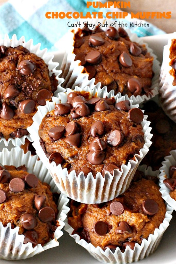 Pumpkin Chocolate Chip Muffins | Can't Stay Out of the Kitchen | these heavenly #pumpkin #muffins will knock your socks off! They're filled with #chocolate chips & delicately seasoned with #cinnamon, cloves & nutmeg. They're perfect for a #holiday or company  #breakfast. They're also terrific any time you want a chocolate fix! #ThanksgivingBreakfast #FallBaking #Fall #ChristmasBreakfast