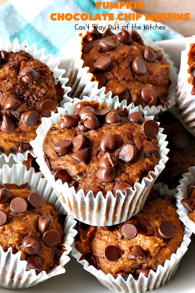 Pumpkin Chocolate Chip Muffins | Can't Stay Out of the Kitchen | these heavenly #pumpkin #muffins will knock your socks off! They're filled with #chocolate chips & delicately seasoned with #cinnamon, cloves & nutmeg. They're perfect for a #holiday or company #breakfast. They're also terrific any time you want a chocolate fix! #ThanksgivingBreakfast #FallBaking #Fall #ChristmasBreakfast