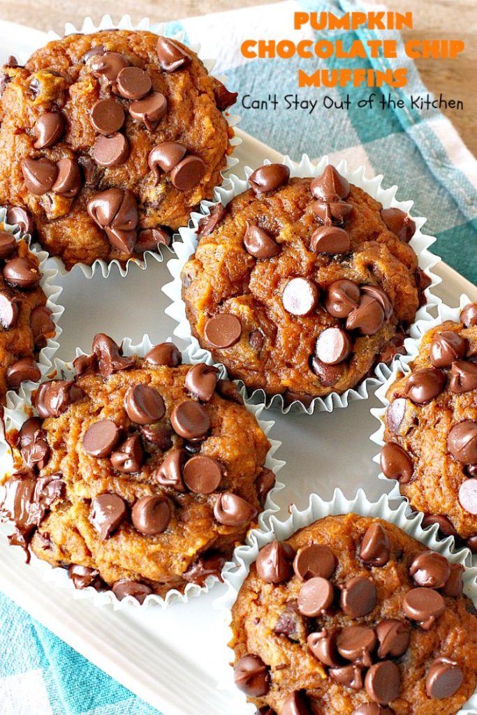 Pumpkin Chocolate Chip Muffins | Can't Stay Out of the Kitchen | these heavenly #pumpkin #muffins will knock your socks off! They're filled with #chocolate chips & delicately seasoned with #cinnamon, cloves & nutmeg. They're perfect for a #holiday or company  #breakfast. They're also terrific any time you want a chocolate fix! #ThanksgivingBreakfast #FallBaking #Fall #ChristmasBreakfast