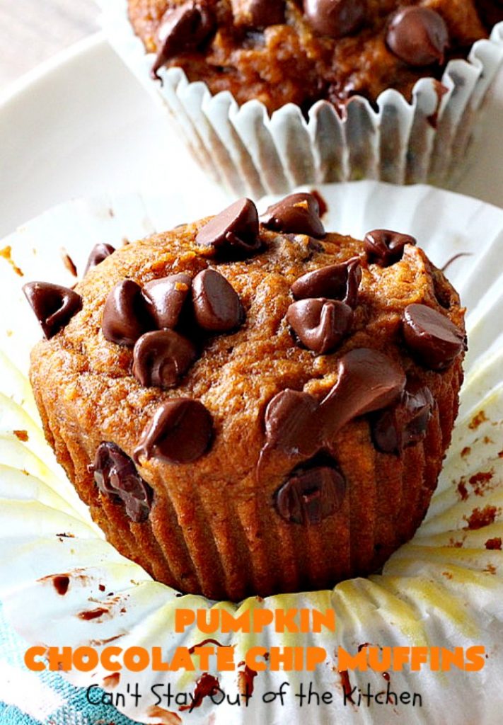 Pumpkin Chocolate Chip Muffins | Can't Stay Out of the Kitchen | these heavenly #pumpkin #muffins will knock your socks off! They're filled with #chocolate chips & delicately seasoned with #cinnamon, cloves & nutmeg. They're perfect for a #holiday or company  #breakfast. They're also terrific any time you want a chocolate fix! #ThanksgivingBreakfast #FallBaking #Fall #ChristmasBreakfast