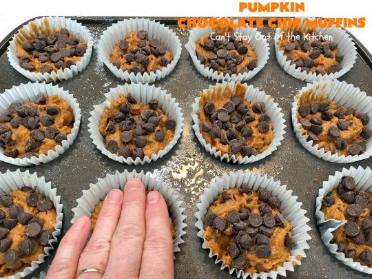 Pumpkin Chocolate Chip Muffins | Can't Stay Out of the Kitchen | these heavenly #pumpkin #muffins will knock your socks off! They're filled with #chocolate chips & delicately seasoned with #cinnamon, cloves & nutmeg. They're perfect for a #holiday or company  #breakfast. They're also terrific any time you want a chocolate fix! #ThanksgivingBreakfast #FallBaking #Fall #ChristmasBreakfast