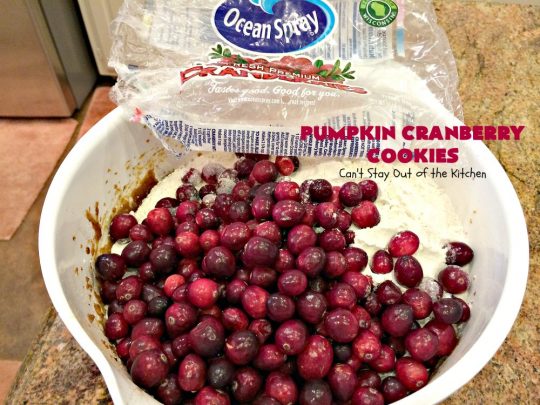 Pumpkin Cranberry Cookies | Can't Stay Out of the Kitchen | these favorite #Christmas #cookies use #pumpkin, fresh #cranberries & have a #cinnamon frosting on top with #sprinkles! Terrific #dessert for #fall baking.