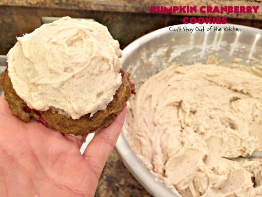 Pumpkin Cranberry Cookies | Can't Stay Out of the Kitchen | these favorite #Christmas #cookies use #pumpkin, fresh #cranberries & have a #cinnamon frosting on top with #sprinkles! Terrific #dessert for #fall baking.
