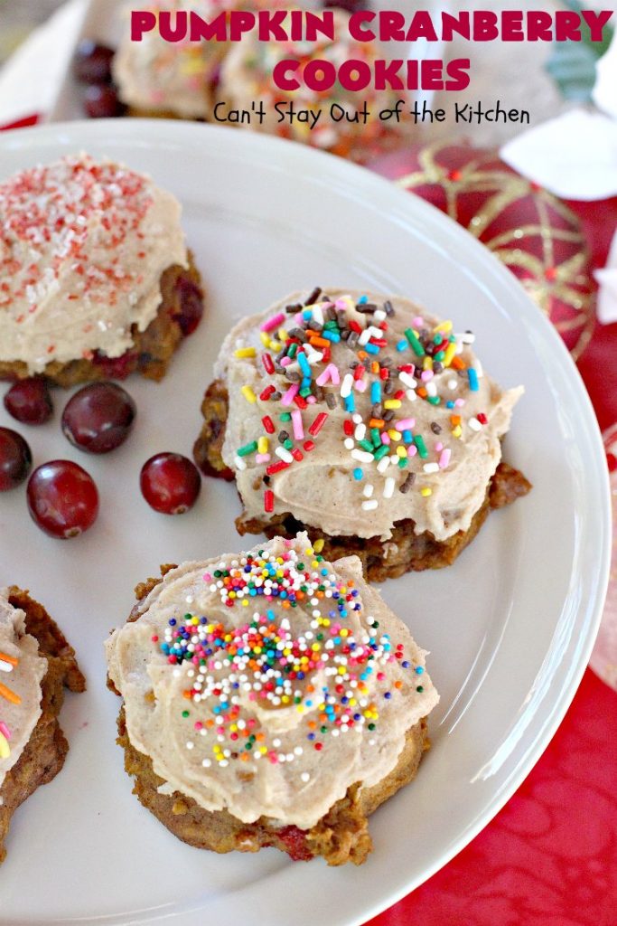 Pumpkin Cranberry Cookies | Can't Stay Out of the Kitchen | these favorite #Christmas #cookies use #pumpkin, fresh #cranberries & have a #cinnamon frosting on top with #sprinkles! Terrific #dessert for #fall baking.
