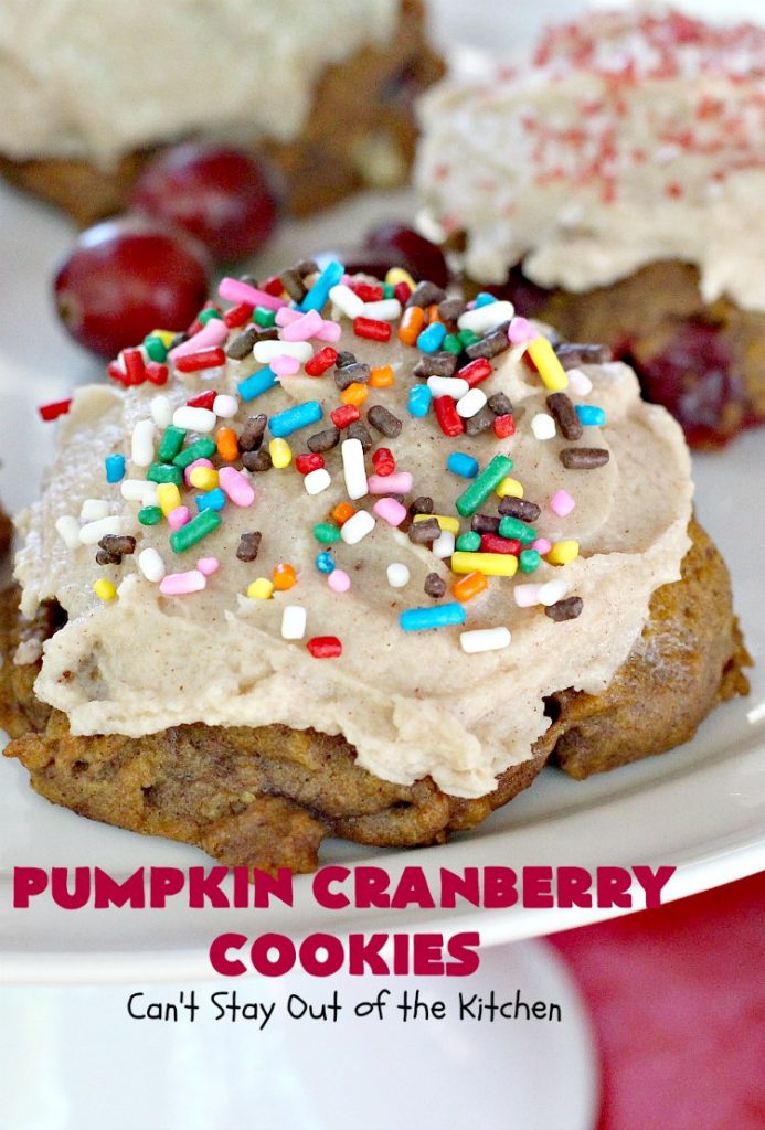 Pumpkin Cranberry Cookies | Can't Stay Out of the Kitchen | these favorite #Christmas #cookies use #pumpkin, fresh #cranberries & have a #cinnamon frosting on top with #sprinkles! Terrific #dessert for #fall baking.