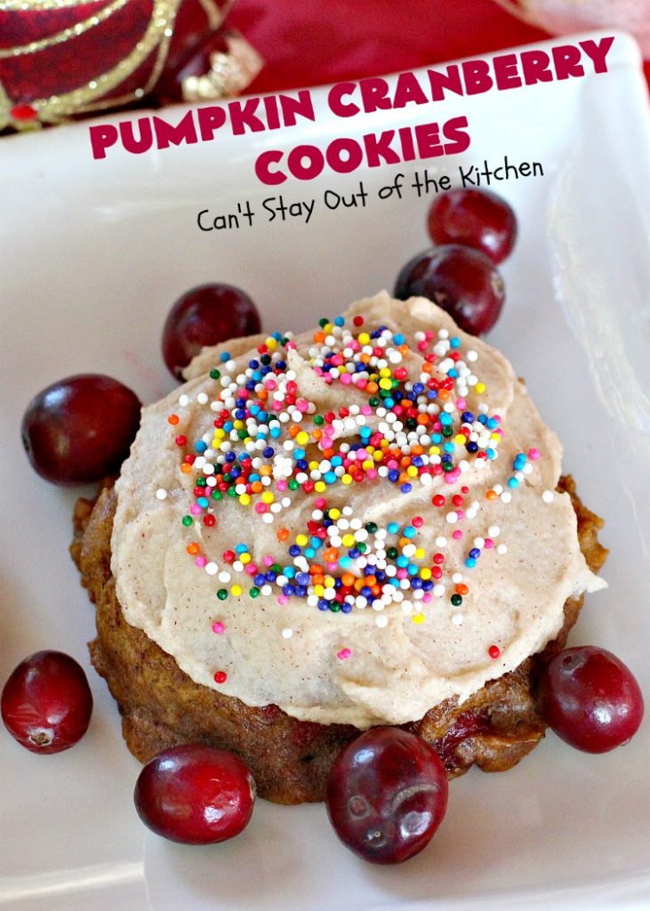 Pumpkin Cranberry Cookies | Can't Stay Out of the Kitchen | these favorite #Christmas #cookies use #pumpkin, fresh #cranberries & have a #cinnamon frosting on top with #sprinkles! Terrific #dessert for #fall baking.