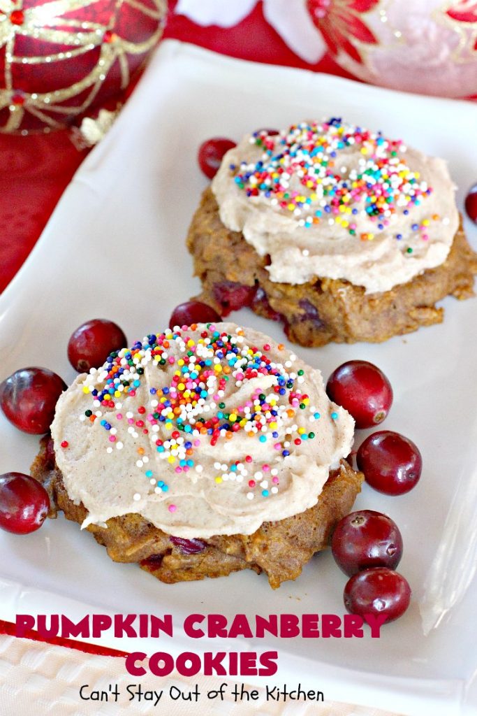 Pumpkin Cranberry Cookies | Can't Stay Out of the Kitchen | these favorite #Christmas #cookies use #pumpkin, fresh #cranberries & have a #cinnamon frosting on top with #sprinkles! Terrific #dessert for #fall baking.