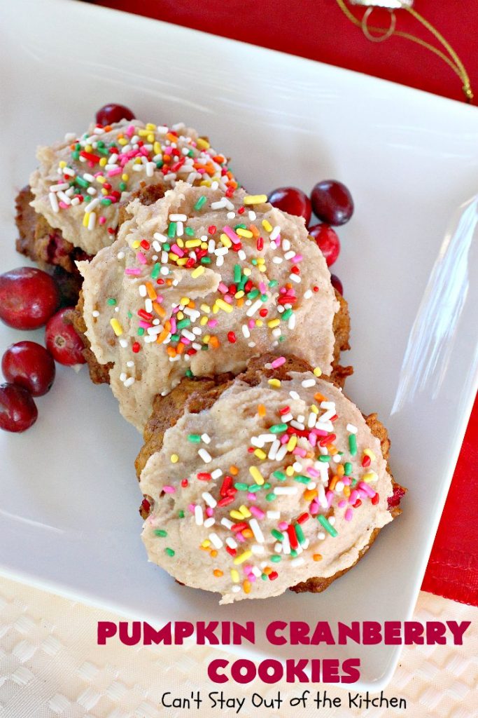 Pumpkin Cranberry Cookies | Can't Stay Out of the Kitchen | these favorite #Christmas #cookies use #pumpkin, fresh #cranberries & have a #cinnamon frosting on top with #sprinkles! Terrific #dessert for #fall baking.