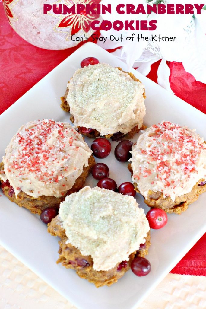 Pumpkin Cranberry Cookies | Can't Stay Out of the Kitchen | these favorite #Christmas #cookies use #pumpkin, fresh #cranberries & have a #cinnamon frosting on top with #sprinkles! Terrific #dessert for #fall baking.