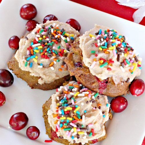 Pumpkin Cranberry Cookies | Can't Stay Out of the Kitchen | these favorite #Christmas #cookies use #pumpkin, fresh #cranberries & have a #cinnamon frosting on top with #sprinkles! Terrific #dessert for #fall baking.