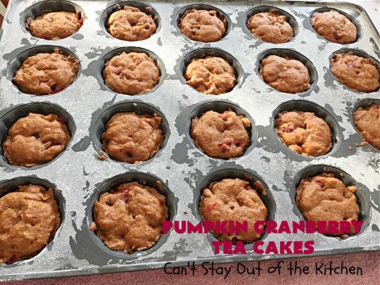 Pumpkin Cranberry Tea Cakes | Can't Stay Out of the Kitchen | these luscious #TeaCakes contain both #pumpkin & #cranberries. Plus, they're iced with a luscious #cinnamon frosting. They're marvelous for #holiday or #Christmas #baking & parties. Prepare to swoon after just one bite! #dessert #cake #HolidayDessert #PumpkinDessert #CranberryDessert #PumpkinCranberryTeaCakes
