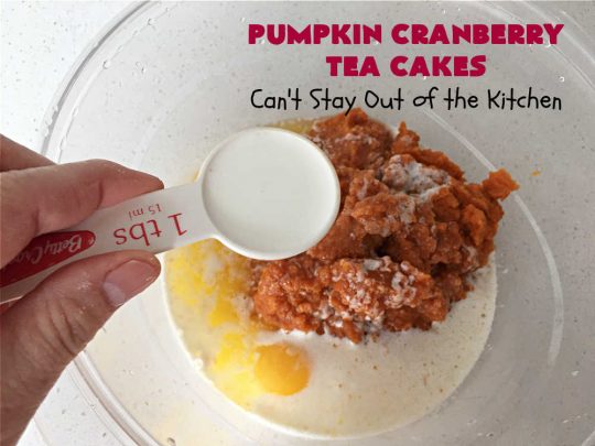 Pumpkin Cranberry Tea Cakes | Can't Stay Out of the Kitchen | these luscious #TeaCakes contain both #pumpkin & #cranberries. Plus, they're iced with a luscious #cinnamon frosting. They're marvelous for #holiday or #Christmas #baking & parties. Prepare to swoon after just one bite! #dessert #cake #HolidayDessert #PumpkinDessert #CranberryDessert #PumpkinCranberryTeaCakes