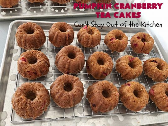 Pumpkin Cranberry Tea Cakes | Can't Stay Out of the Kitchen | these luscious #TeaCakes contain both #pumpkin & #cranberries. Plus, they're iced with a luscious #cinnamon frosting. They're marvelous for #holiday or #Christmas #baking & parties. Prepare to swoon after just one bite! #dessert #cake #HolidayDessert #PumpkinDessert #CranberryDessert #PumpkinCranberryTeaCakes