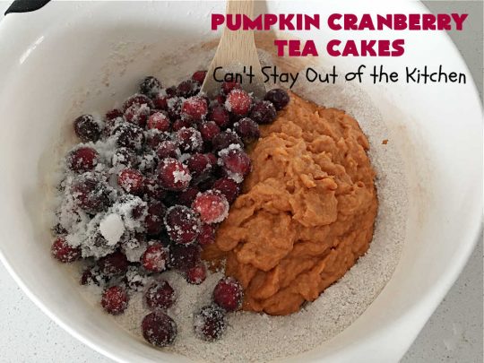 Pumpkin Cranberry Tea Cakes | Can't Stay Out of the Kitchen | these luscious #TeaCakes contain both #pumpkin & #cranberries. Plus, they're iced with a luscious #cinnamon frosting. They're marvelous for #holiday or #Christmas #baking & parties. Prepare to swoon after just one bite! #dessert #cake #HolidayDessert #PumpkinDessert #CranberryDessert #PumpkinCranberryTeaCakes