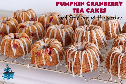 Pumpkin Cranberry Tea Cakes | Can't Stay Out of the Kitchen | these luscious #TeaCakes contain both #pumpkin & #cranberries. Plus, they're iced with a luscious #cinnamon frosting. They're marvelous for #holiday or #Christmas #baking & parties. Prepare to swoon after just one bite! #dessert #cake #HolidayDessert #PumpkinDessert #CranberryDessert #PumpkinCranberryTeaCakes