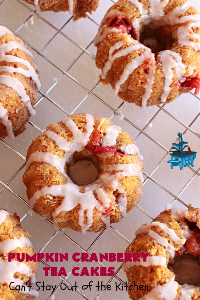 Pumpkin Cranberry Tea Cakes | Can't Stay Out of the Kitchen | these luscious #TeaCakes contain both #pumpkin & #cranberries. Plus, they're iced with a luscious #cinnamon frosting. They're marvelous for #holiday or #Christmas #baking & parties. Prepare to swoon after just one bite! #dessert #cake #HolidayDessert #PumpkinDessert #CranberryDessert #PumpkinCranberryTeaCakes