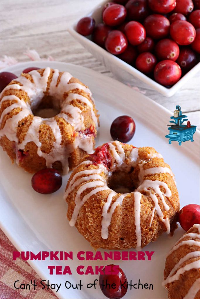 Pumpkin Cranberry Tea Cakes | Can't Stay Out of the Kitchen | these luscious #TeaCakes contain both #pumpkin & #cranberries. Plus, they're iced with a luscious #cinnamon frosting. They're marvelous for #holiday or #Christmas #baking & parties. Prepare to swoon after just one bite! #dessert #cake #HolidayDessert #PumpkinDessert #CranberryDessert #PumpkinCranberryTeaCakes