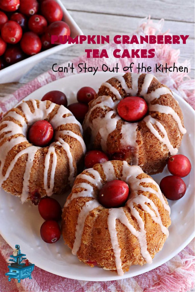 Pumpkin Cranberry Tea Cakes | Can't Stay Out of the Kitchen | these luscious #TeaCakes contain both #pumpkin & #cranberries. Plus, they're iced with a luscious #cinnamon frosting. They're marvelous for #holiday or #Christmas #baking & parties. Prepare to swoon after just one bite! #dessert #cake #HolidayDessert #PumpkinDessert #CranberryDessert #PumpkinCranberryTeaCakes