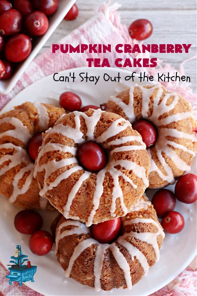 Pumpkin Cranberry Tea Cakes | Can't Stay Out of the Kitchen | these luscious #TeaCakes contain both #pumpkin & #cranberries. Plus, they're iced with a luscious #cinnamon frosting. They're marvelous for #holiday or #Christmas #baking & parties. Prepare to swoon after just one bite! #dessert #cake #HolidayDessert #PumpkinDessert #CranberryDessert #PumpkinCranberryTeaCakes