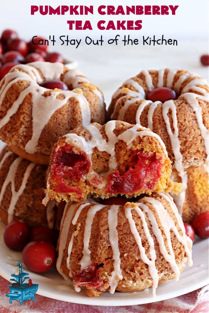 Pumpkin Cranberry Tea Cakes | Can't Stay Out of the Kitchen | these luscious #TeaCakes contain both #pumpkin & #cranberries. Plus, they're iced with a luscious #cinnamon frosting. They're marvelous for #holiday or #Christmas #baking & parties. Prepare to swoon after just one bite! #dessert #cake #HolidayDessert #PumpkinDessert #CranberryDessert #PumpkinCranberryTeaCakes