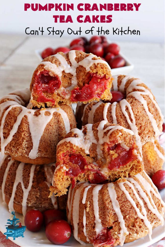 Pumpkin Cranberry Tea Cakes | Can't Stay Out of the Kitchen | these luscious #TeaCakes contain both #pumpkin & #cranberries. Plus, they're iced with a luscious #cinnamon frosting. They're marvelous for #holiday or #Christmas #baking & parties. Prepare to swoon after just one bite! #dessert #cake #HolidayDessert #PumpkinDessert #CranberryDessert #PumpkinCranberryTeaCakes