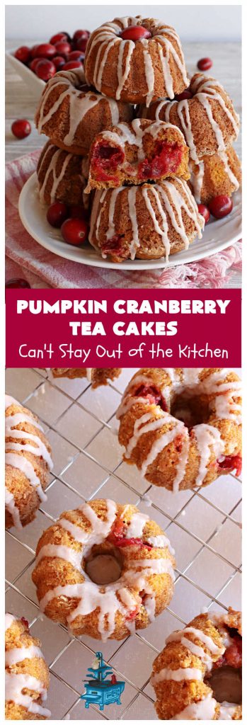 Pumpkin Cranberry Tea Cakes | Can't Stay Out of the Kitchen | these luscious #TeaCakes contain both #pumpkin & #cranberries. Plus, they're iced with a luscious #cinnamon frosting. They're marvelous for #holiday or #Christmas #baking & parties. Prepare to swoon after just one bite! #dessert #cake #HolidayDessert #PumpkinDessert #CranberryDessert #PumpkinCranberryTeaCakes