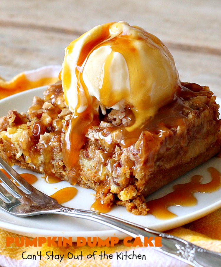 Pumpkin Dump Cake | Can't Stay Out of the Kitchen | this spectacular #DumpCake is not just for #Fall! It's made with #pumpkin, #pecans & HeathEnglishToffeeBits. This drool-worthy #dessert will knock your socks off! Serve for #holidays like #MothersDay or #FathersDay. #Toffee #Caramel #PumpkinDessert #ToffeeDessert #PumpkinDumpCake #HolidayDessert #MothersDayDessert #FathersDayDessert