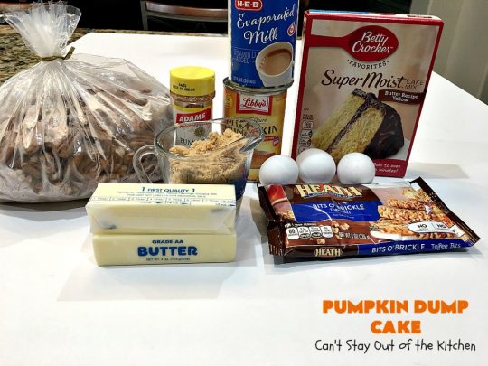 Pumpkin Dump Cake | Can't Stay Out of the Kitchen | this spectacular #DumpCake is not just for #Fall! It's made with #pumpkin, #pecans & HeathEnglishToffeeBits. This drool-worthy #dessert will knock your socks off! Serve for #holidays like #MothersDay or #FathersDay. #Toffee #Caramel #PumpkinDessert #ToffeeDessert #PumpkinDumpCake #HolidayDessert #MothersDayDessert #FathersDayDessert