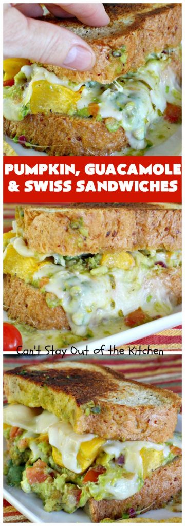 Pumpkin, Guacamole and Swiss Sandwiches | Can't Stay Out of the Kitchen | these yummy #sandwiches are made with either roasted #pumpkin or #ButternutSquash, homemade #guacamole & #SwissCheese. They are absolutely mouthwatering & so delicious you'll find yourself wanting one all the time! #Fall #RoastedPumpkin #PumpkinGuacamoleAndSwissSandwiches #MeatlessMonday