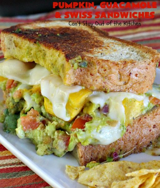 Pumpkin, Guacamole and Swiss Sandwiches | Can't Stay Out of the Kitchen | these yummy #sandwiches are made with either roasted #pumpkin or #ButternutSquash, homemade #guacamole & #SwissCheese. They are absolutely mouthwatering & so delicious you'll find yourself wanting one all the time! #Fall #RoastedPumpkin #PumpkinGuacamoleAndSwissSandwiches #MeatlessMonday